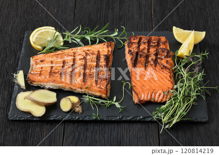 grilled salmon fish fillet with herbs, top view grilled salmon fish fillet with herbs, top view 120814219