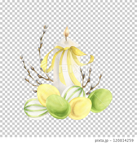 White candle with Easter colored eggs and willow branches decoration and yellow bow watercolor illustration. Springtime Happy Easter hunting party card, invitation design. Religious poster,label decor 120814259