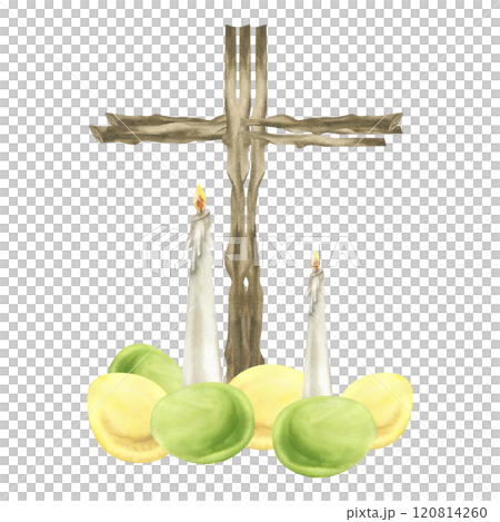Religious cross with Easter colorful eggs and candles watercolor illustration.Hand drawn wooden Cristian symbol with springtime decorations for hunting party, greeting card,invitation design Religious cross with Easter colorful eggs and candles watercolor illustration.Hand drawn wooden Cristian symbol with springtime decorations for hunting party, greeting card,invitation design 120814260