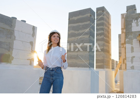 Woman architect gesturing thumbs up at construction site Woman architect gesturing thumbs up at construction site 120814283