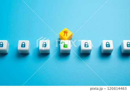 Selecting keys to open a padlock. Concept of solving the problem with the right tools. Finding a way to open access. Reveal secrets and mysteries. Search for truth. 120814463