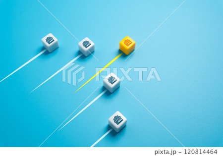 Stores in the race for sales and profits. Competition and rivalry for success. Effective profitable business. Target audience, product range and advertising campaigns. Successful business model. 120814464