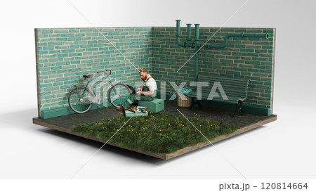 Bearded young man in overalls repairing bicycle in retro-style green courtyard with brick wall and bench. 3D model of outdoor scene 120814664