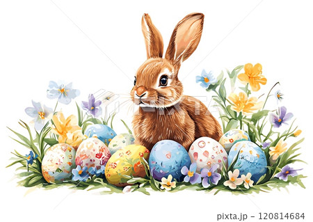 Aquarelle adorable Easter bunny surrounded by colorful eggs and spring flowers. Festive design of rabbit for print poster congratulation card banner decoration. Watercolor style isolated vector Aquarelle adorable Easter bunny surrounded by colorful eggs and spring flowers. Festive design of rabbit for print poster congratulation card banner decoration. Watercolor style isolated vector 120814684