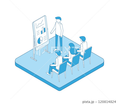 Business presentation or conference outline illustration. Successful businessman performs on rostrum in front of an audience. Financial charts and reports on board. Business training isometry. 120814824