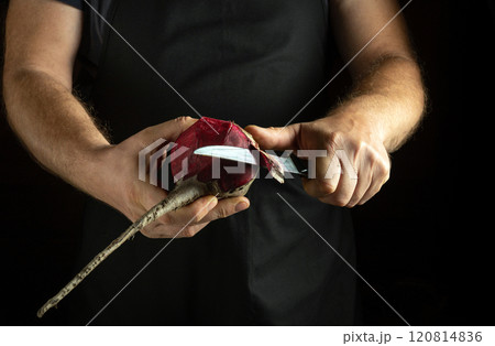 Hands skillfully peel a fresh beetroot using a sharp knife, emphasizing the vibrant color and texture of the vegetable. The atmosphere is warm and inviting, perfect for culinary creativity Hands skillfully peel a fresh beetroot using a sharp knife, emphasizing the vibrant color and texture of the vegetable. The atmosphere is warm and inviting, perfect for culinary creativity 120814836