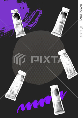 Art class collage poster, halftone paint tubes on black artistic background 120815320