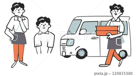 軽バンでお弁当を配達する女性の配達員　セットのストックイラスト素材	 120815380