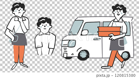 軽バンでお弁当を配達する女性の配達員　セットのストックイラスト素材	 120815380