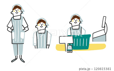 エプロンを着けた調理員またはスーパーマーケットの店員　セットのストックイラスト素材	 120815381