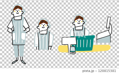 エプロンを着けた調理員またはスーパーマーケットの店員　セットのストックイラスト素材	 120815381