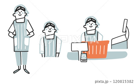 エプロンを着けた調理員またはスーパーマーケットの店員　セットのストックイラスト素材	 120815382