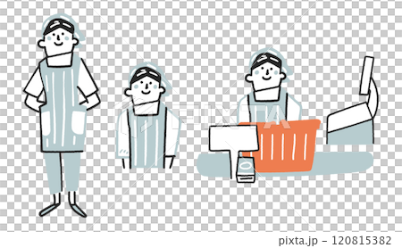 一組穿著圍裙的廚師或超市店員的庫存插畫素材 一組穿著圍裙的廚師或超市店員的庫存插畫素材 120815382