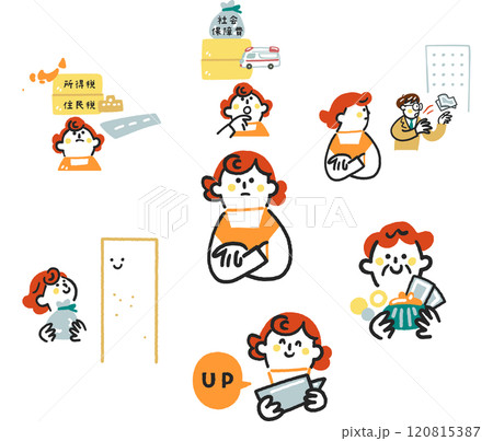 年収の壁と税金、手取り、年金などについて考える非正規雇用の女性 セットのストックイラスト素材 年収の壁と税金、手取り、年金などについて考える非正規雇用の女性 セットのストックイラスト素材 120815387