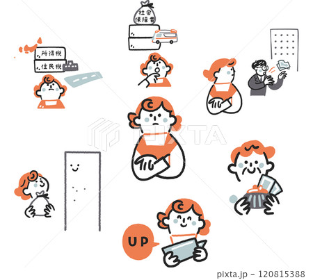 年収の壁と税金、手取り、年金などについて考える非正規雇用の女性 セットのストックイラスト素材 年収の壁と税金、手取り、年金などについて考える非正規雇用の女性 セットのストックイラスト素材 120815388