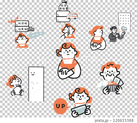 年収の壁と税金、手取り、年金などについて考える非正規雇用の女性 セットのストックイラスト素材 年収の壁と税金、手取り、年金などについて考える非正規雇用の女性 セットのストックイラスト素材 120815388