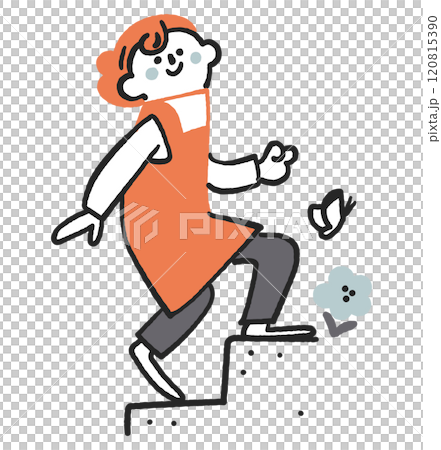 ステップを軽やかに上るエプロン姿の女性 セットのストックイラスト素材 ステップを軽やかに上るエプロン姿の女性 セットのストックイラスト素材 120815390
