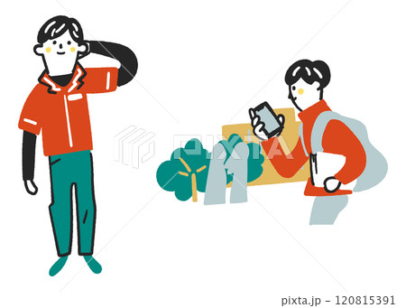 コンビニ店員でアルバイトする学生　セットのストックイラスト素材	 120815391