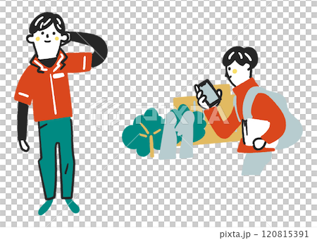 コンビニ店員でアルバイトする学生　セットのストックイラスト素材	 120815391