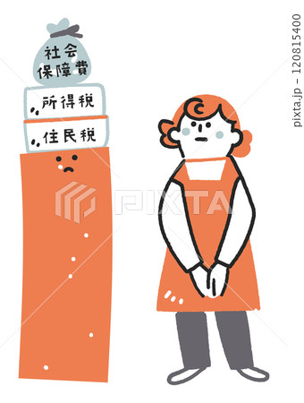 年収と税、社会保障費を前に立ち尽くす女性　ストックイラスト素材	 120815400