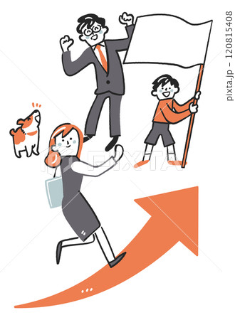 上昇矢印を駆け上がる女性労働者と応援する家族　ストックイラスト素材	 120815408