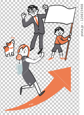 上昇矢印を駆け上がる女性労働者と応援する家族　ストックイラスト素材	 120815408