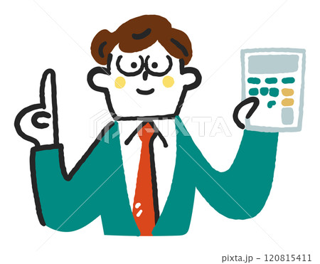 電卓を手に何かを指し示している経理担当者　ストックイラスト素材 120815411