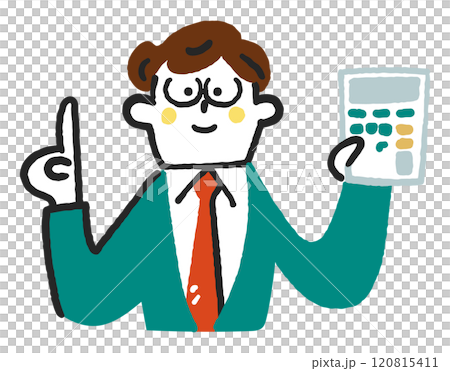 電卓を手に何かを指し示している経理担当者　ストックイラスト素材 120815411