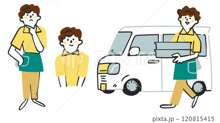 軽バンでお弁当を配達する女性の配達員　セットのストックイラスト素材	 120815415