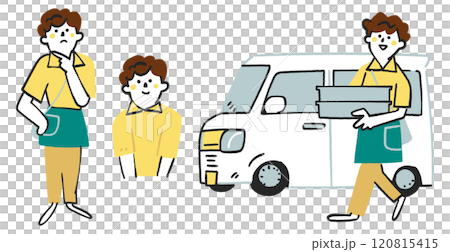 軽バンでお弁当を配達する女性の配達員　セットのストックイラスト素材	 120815415