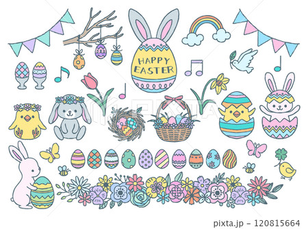 イースターイラストセット 手描き線画 カラー イースターイラストセット 手描き線画 カラー 120815664