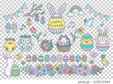 イースターイラストセット 手描き線画 カラー イースターイラストセット 手描き線画 カラー 120815664