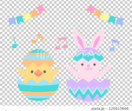 兔子和小雞從復活節彩蛋中跳出來的插圖 120815666
