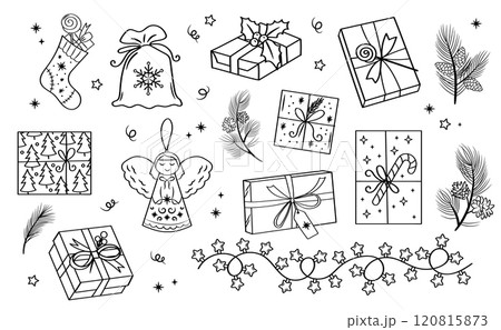 Christmas gifts. New Year packaging. Box with bow, pine branch, angel, Christmas stock, garland. Vector set of doodle elements. Christmas gifts. New Year packaging. Box with bow, pine branch, angel, Christmas stock, garland. Vector set of doodle elements. 120815873