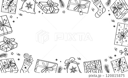 Christmas gifts border frame. New Year packaging. Box with bow, pine branch, Christmas sock, garland. Vector set of doodle elements. 120815875