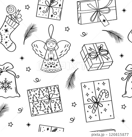 Christmas gifts seamless pattern. New Year packaging. Vector set of doodle elements. 120815877