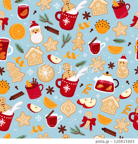 Christmas seamless pattern. Winter drinks and gingerbread cookies. Vector background for wrapping paper, packaging, fabric. Christmas seamless pattern. Winter drinks and gingerbread cookies. Vector background for wrapping paper, packaging, fabric. 120815883