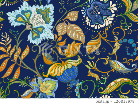 Fantasy flowers in retro, vintage, jacobean embroidery style 120815979