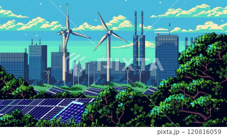 Urban Eco-Friendly Energy Illustration with Wind Turbines and Solar Panels Urban Eco-Friendly Energy Illustration with Wind Turbines and Solar Panels 120816059