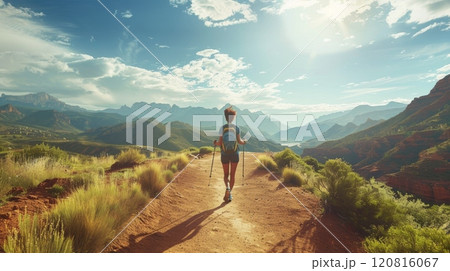 Solo Female Hiker Trekking On Scenic Mountain Trail at Sunrise 120816067