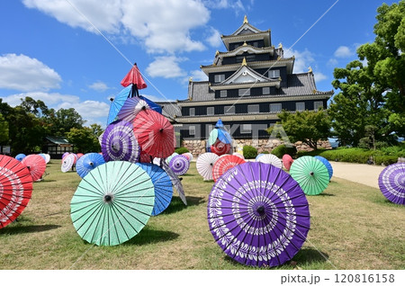 岡山城天守（外観復元）と和傘 120816158