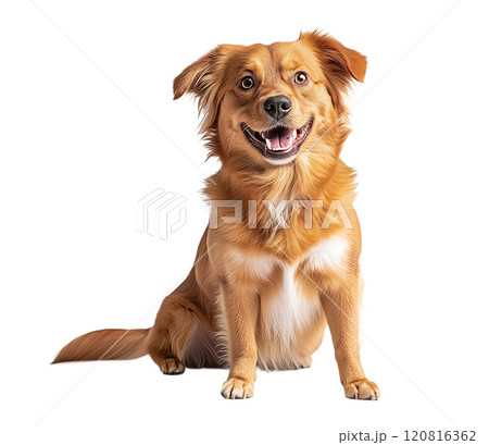 Excited and happy brown female Shepherd dog looking at camera, healthy teeth, transparent background 120816362