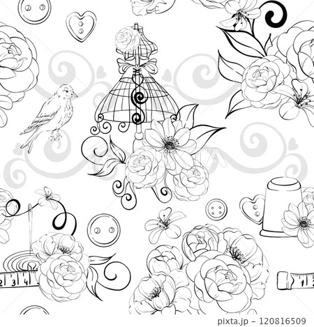 Vintage mannequin with curl. Floral arrangement and sewing tools - buttons, needles, scissors. Old fashion, dressmaker seamless pattern. Romantic and elegance sewing background and tailor for 120816509