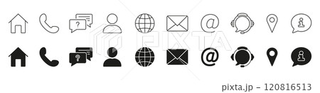 Communication, Contact, and Support Services Line and Silhouette Icon Set. Email, Phone, and Location Symbol Collection. Isolated Vector Illustration 120816513