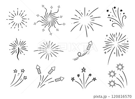 Linear vector explosions set. Hand drawn fireworks and stars collection. Doodle sketch. Linear vector explosions set. Hand drawn fireworks and stars collection. Doodle sketch. 120816570