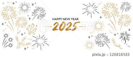 2025 Happy New Year. Golden and black fireworks on white background. Holiday banner template. 120816583