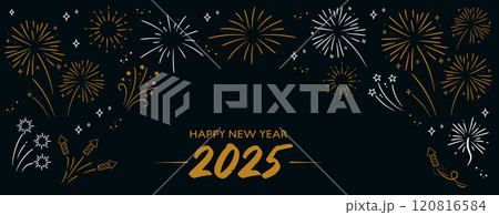 2025 Happy New Year. Golden and white fireworks on dark background. Holiday banner template. 120816584
