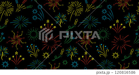 Colorful fireworks with stars and sparks on black background. Vector seamless pattern. Colorful fireworks with stars and sparks on black background. Vector seamless pattern. 120816586