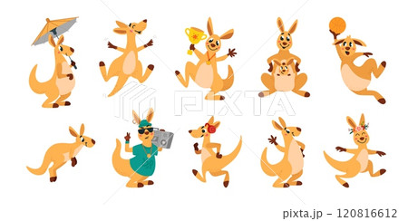 Cute cartoon kangaroo. Happy kangaroo characters, australian marsupial animals jumping running listen music. Wildlife funny classy vector clipart 120816612