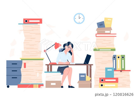 Office character with paperwork. Overload young office female working with stacks of paper. Bureaucracy, self business or accounting, recent vector scene 120816626